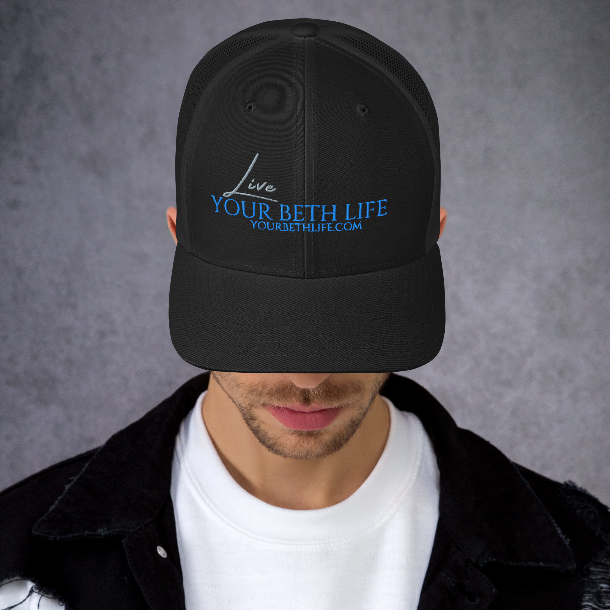 live your beth life embroidery trucker cap